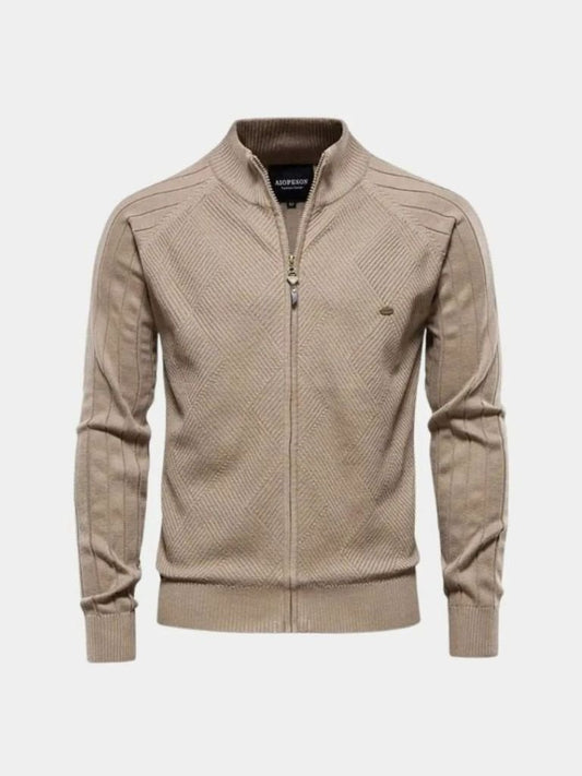 Cardigan in maglia jacquard con cerniera a tinta unita