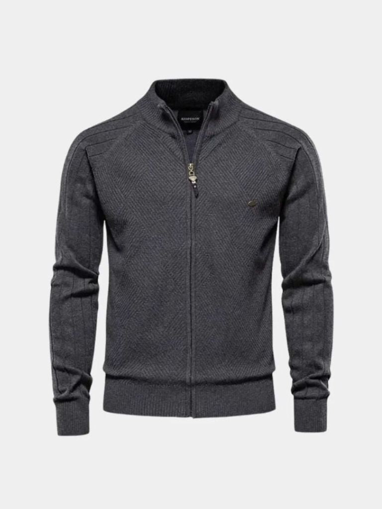 Knit Zipper Jacquard Solid Color Cardigan Sweater